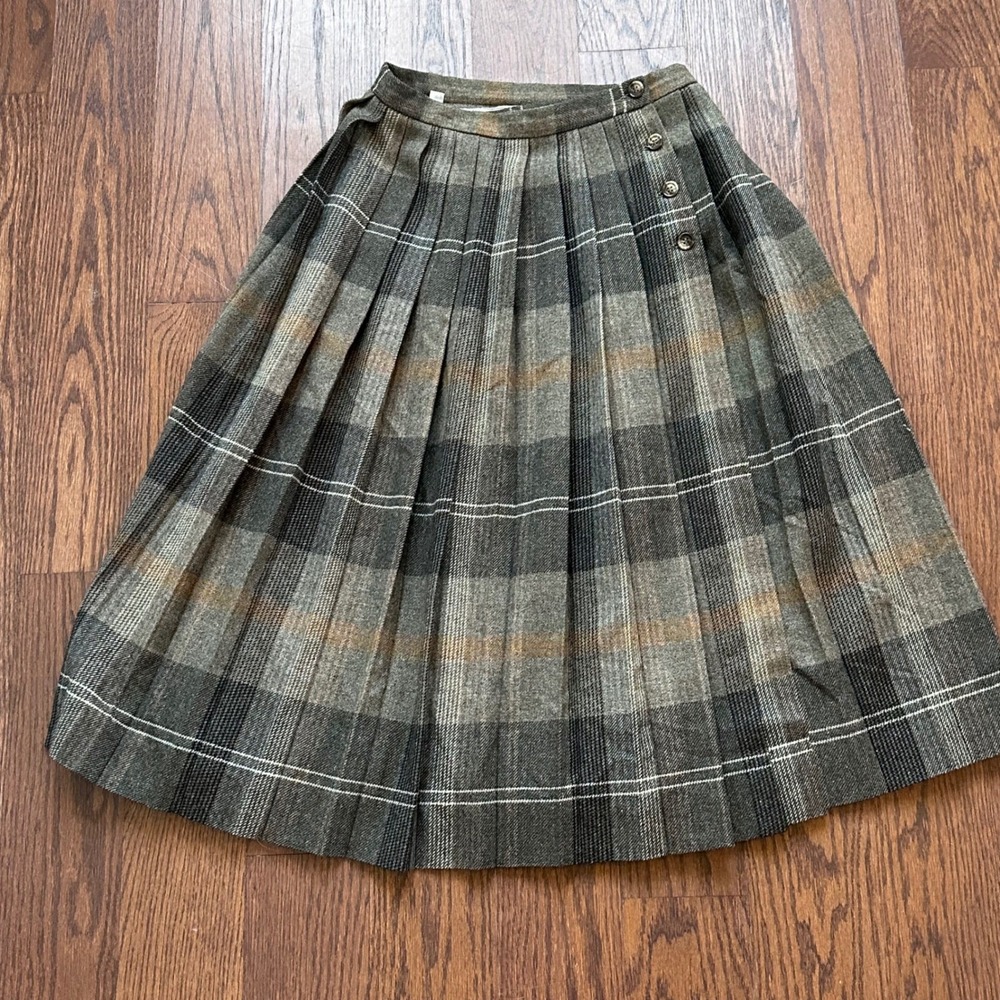 Vintage Liz Claiborne Wool Plaid Pleated Midi Skirt Grey Brown ILGWU USA Made